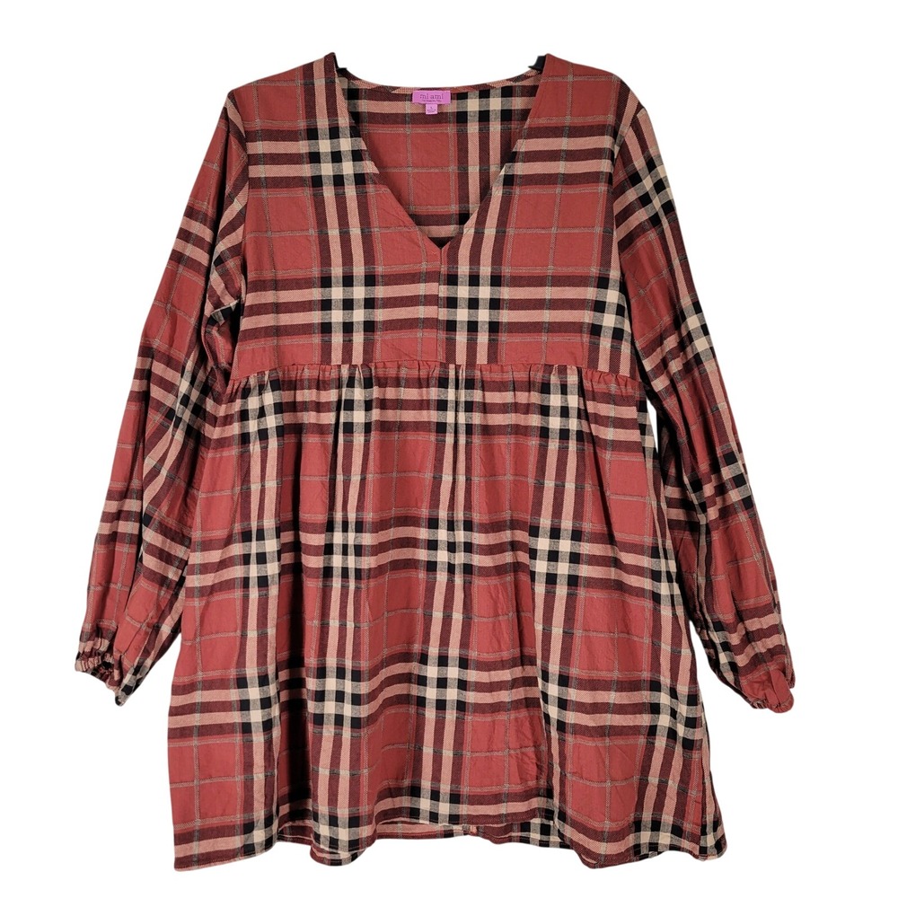 Mi Ami Francesca's Plaid Babydoll Dress Women Large Red V-Neck Long Sleeve Mini